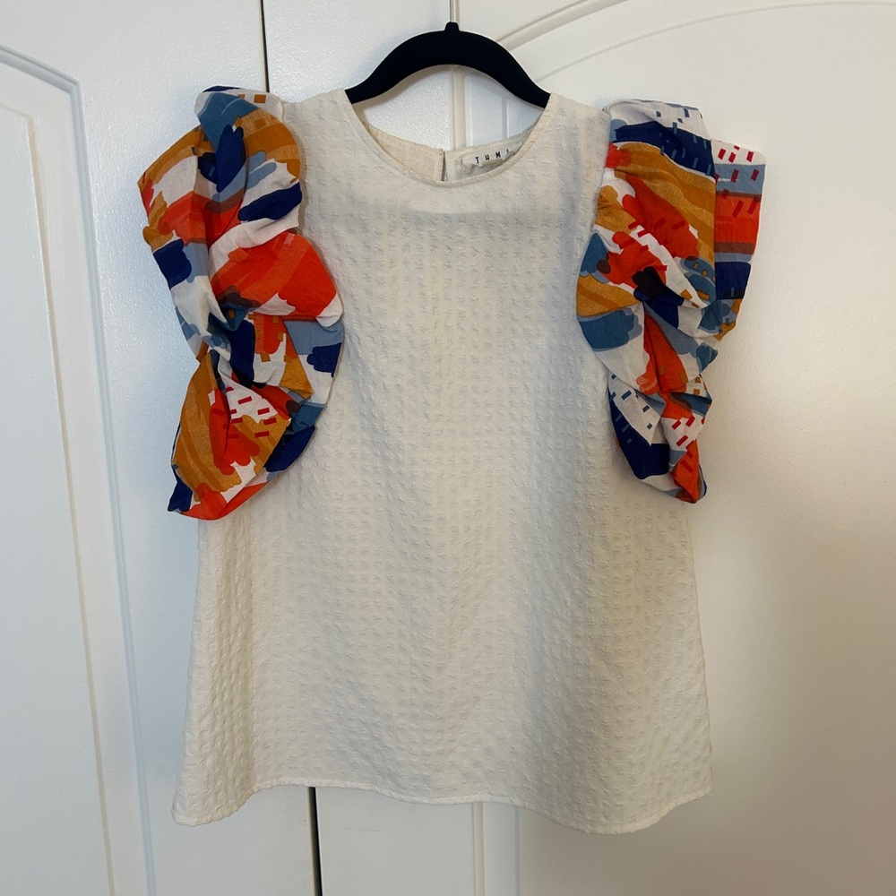 THML White Textured Top with Vibrant and FUN Puff Sleeves